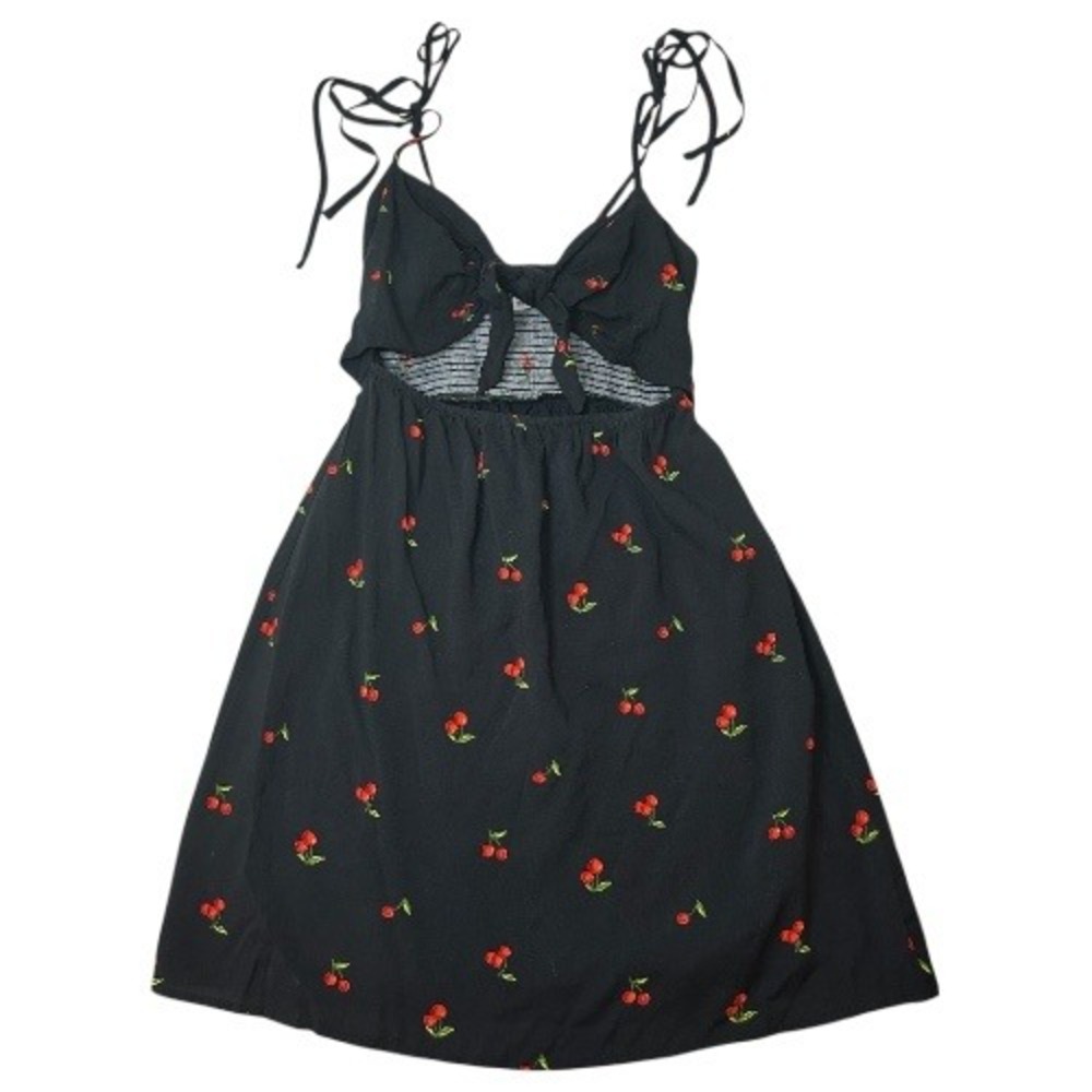 Wild Honey Black Cherry Print Tie Front Cutout Mini Dress XS Cottagecore Cute